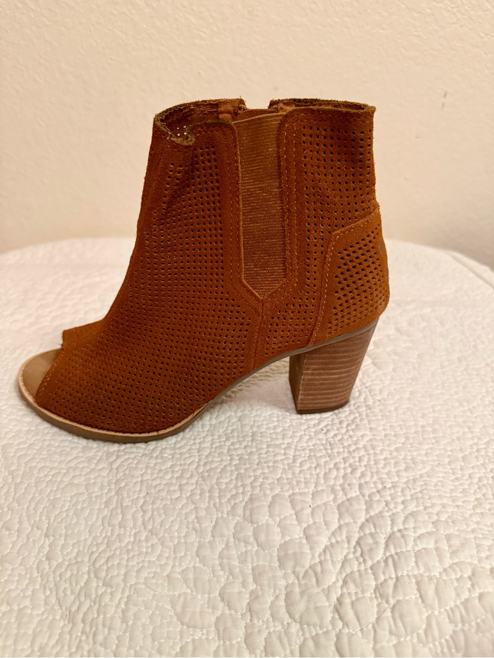 Toms Perforated Open-Toe Ankle Bootie in Cognac Brown